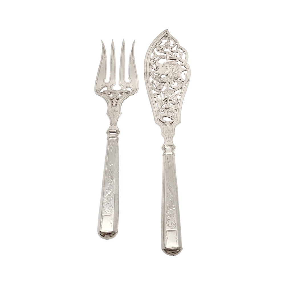 Antique JA van Kempen Dutch 833 Silver Fish Serving Fork & Knife Set #15657